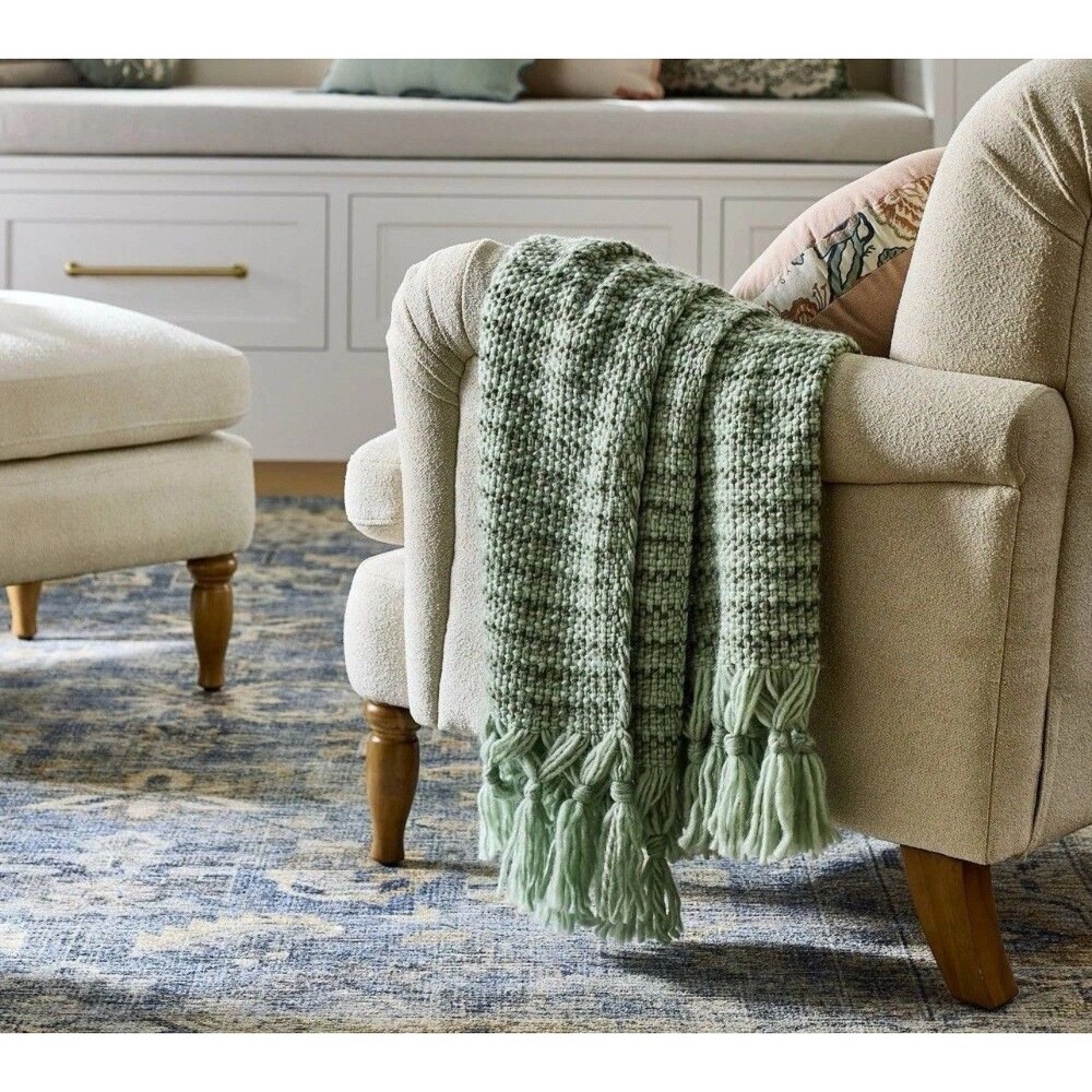 50 x 60 Throw Mixed Yarn Woven with Crossed Tassels Multi Green NEW